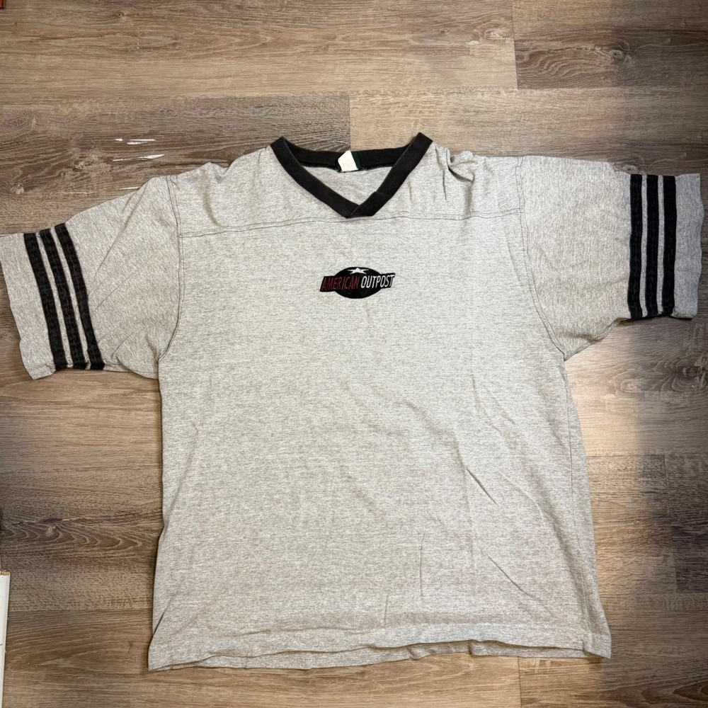 American Outpost Mens Heather Gray Y2K Jersey Stripe Sleeve T-Shirt Size L